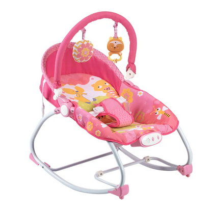 Baby Bouncer & Rocker with Vibrating Seat, Toy Bar and Canopy – Fox & Friends Theme (Pink)