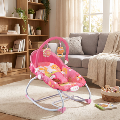 Baby Bouncer & Rocker with Vibrating Seat, Toy Bar and Canopy – Fox & Friends Theme (Pink)