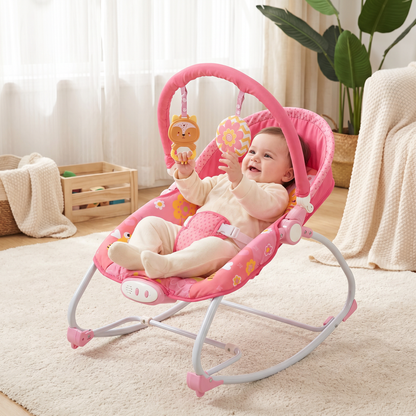 Baby Bouncer & Rocker with Vibrating Seat, Toy Bar and Canopy – Fox & Friends Theme (Pink)