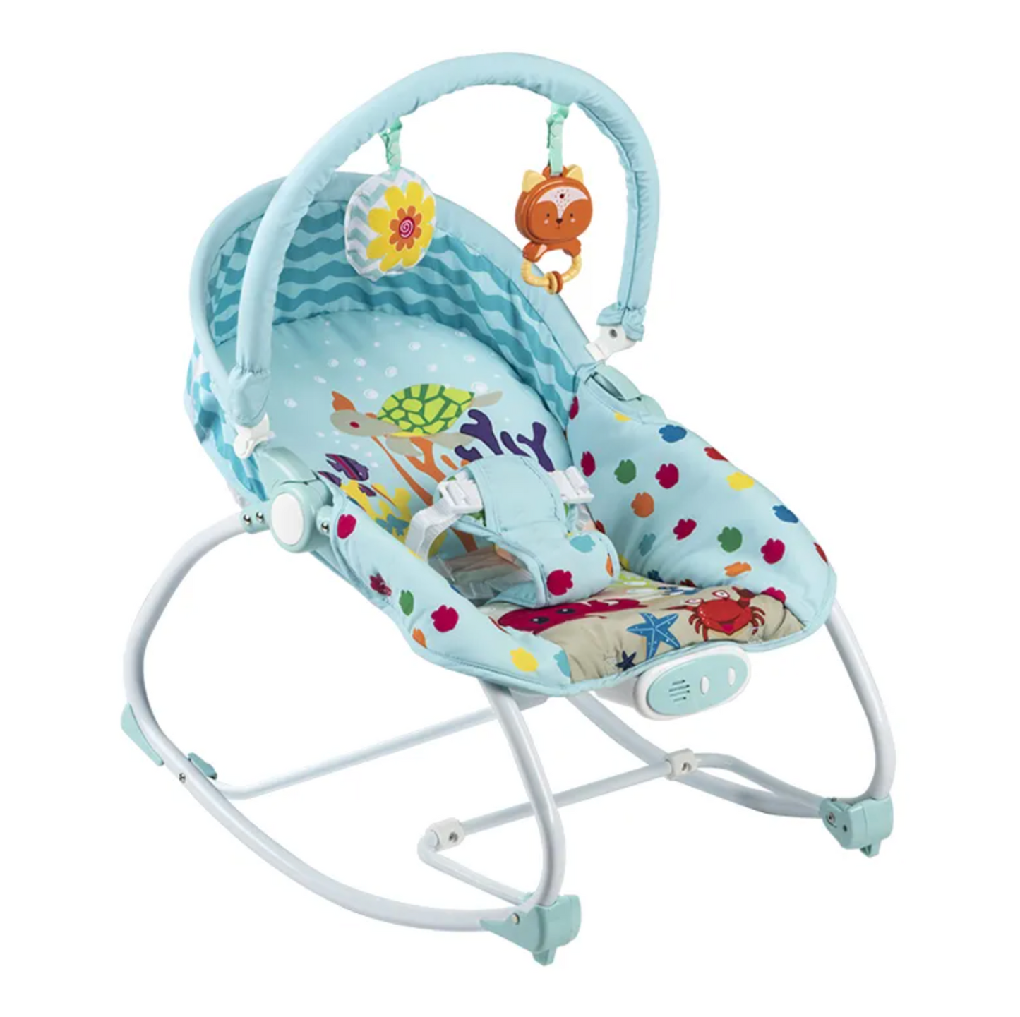 Baby Bouncer & Rocker with Vibrating Seat, Toy Bar and Canopy – Ocean Theme (Blue)