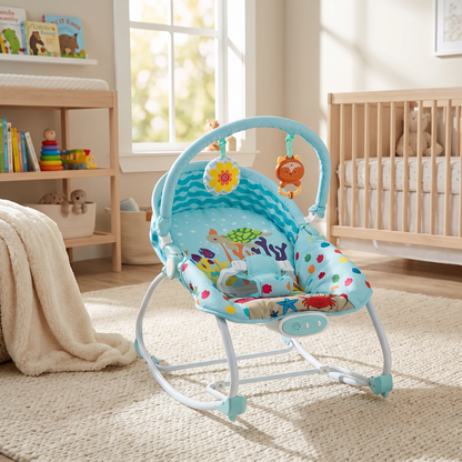 Baby Bouncer & Rocker with Vibrating Seat, Toy Bar and Canopy – Ocean Theme (Blue)