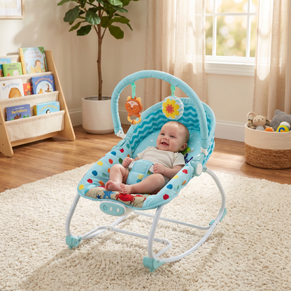 Baby Bouncer & Rocker with Vibrating Seat, Toy Bar and Canopy – Ocean Theme (Blue)