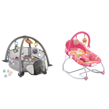 Fox and Friends pink baby bouncer and rocker with 3 in 1 activity gym and ball pit bundle