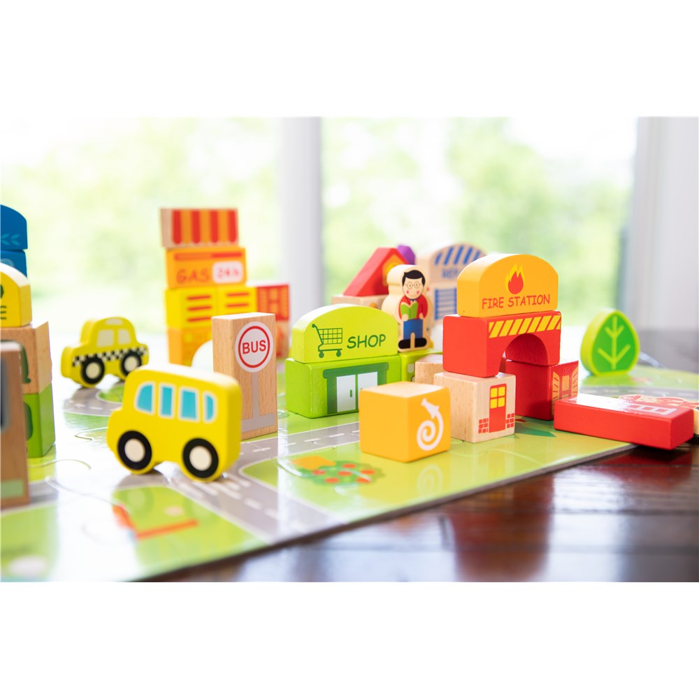 Fat Brain Toys My Town Block Set – Wooden City Building & Pretend Play Toy