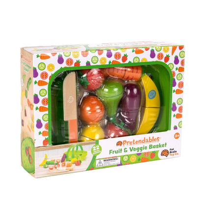 Fat Brain Toys Pretendables Fruit & Veggie Basket Set – Wooden Pretend Play Food