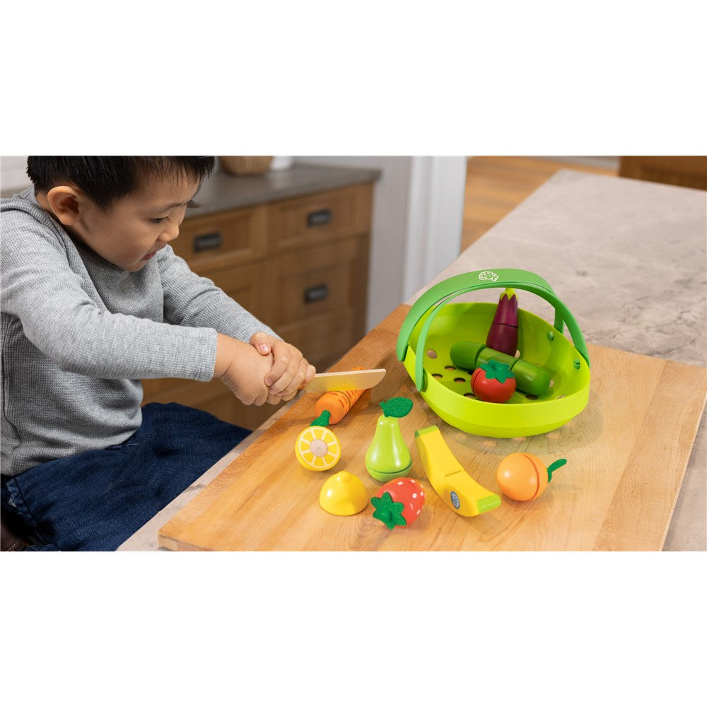 Fat Brain Toys Pretendables Fruit & Veggie Basket Set – Wooden Pretend Play Food