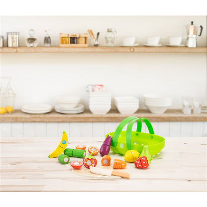 Fat Brain Toys Pretendables Fruit & Veggie Basket Set – Wooden Pretend Play Food