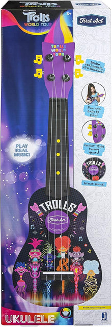 Jazware DreamWorks Trolls World Tour kids ukulele in black with Poppy design