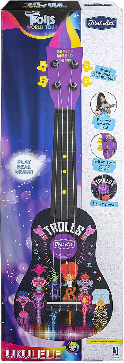 Jazware DreamWorks Trolls World Tour kids ukulele in black with Poppy design