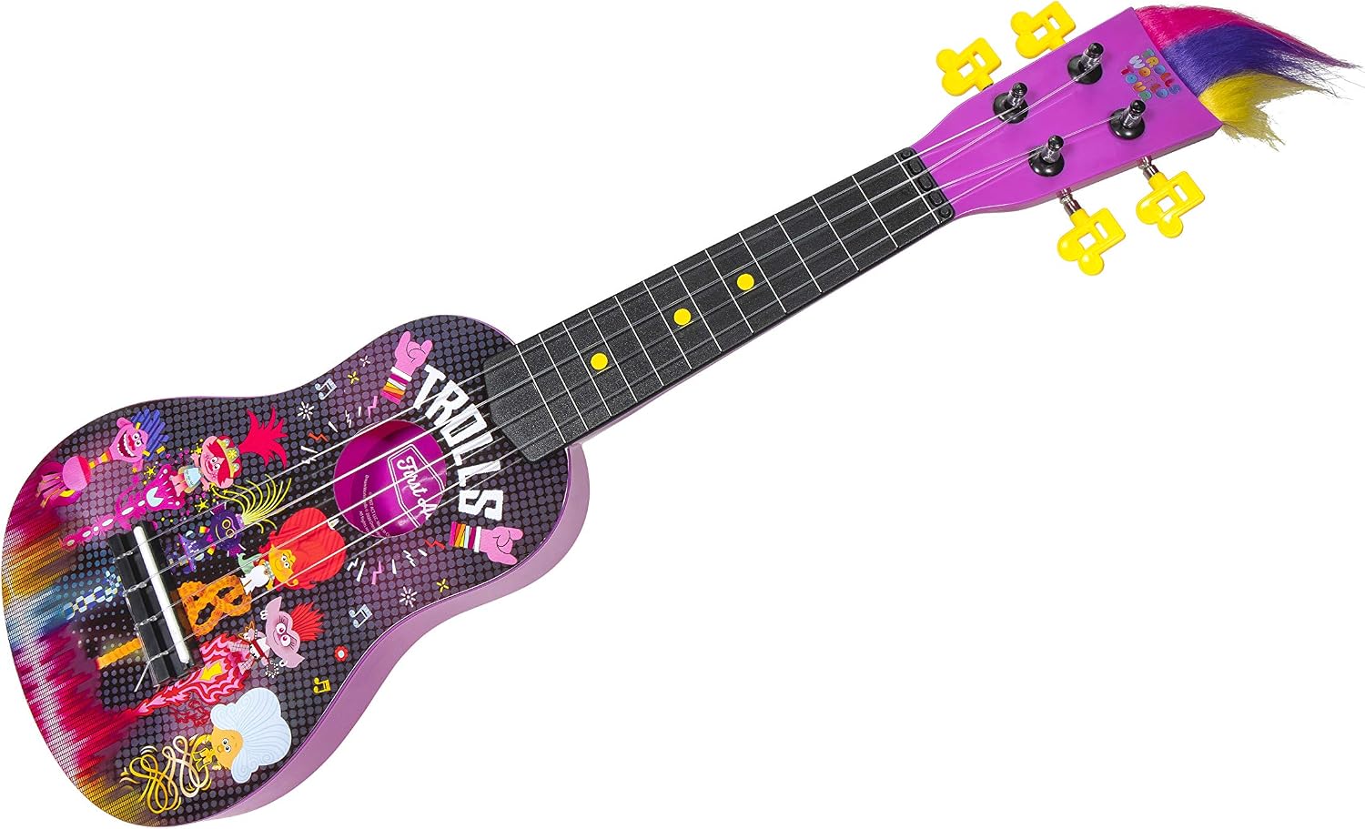Trolls Poppy kids ukulele showing traditional body shape and fretboard