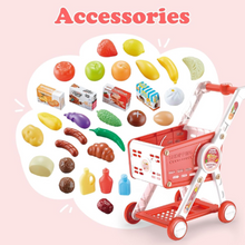 Kids Shopping Trolley Play Set with 30+ Pretend Food Items – Adjustable Handle & Realistic Accessories