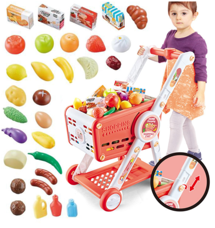Kids Shopping Trolley Play Set with 30+ Pretend Food Items – Adjustable Handle & Realistic Accessories