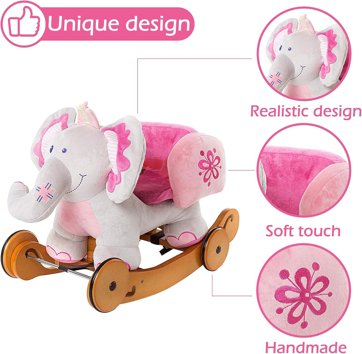 Labebe 2 in 1 Plush Rocking Elephant with Wheels | Baby Rocker & Ride On