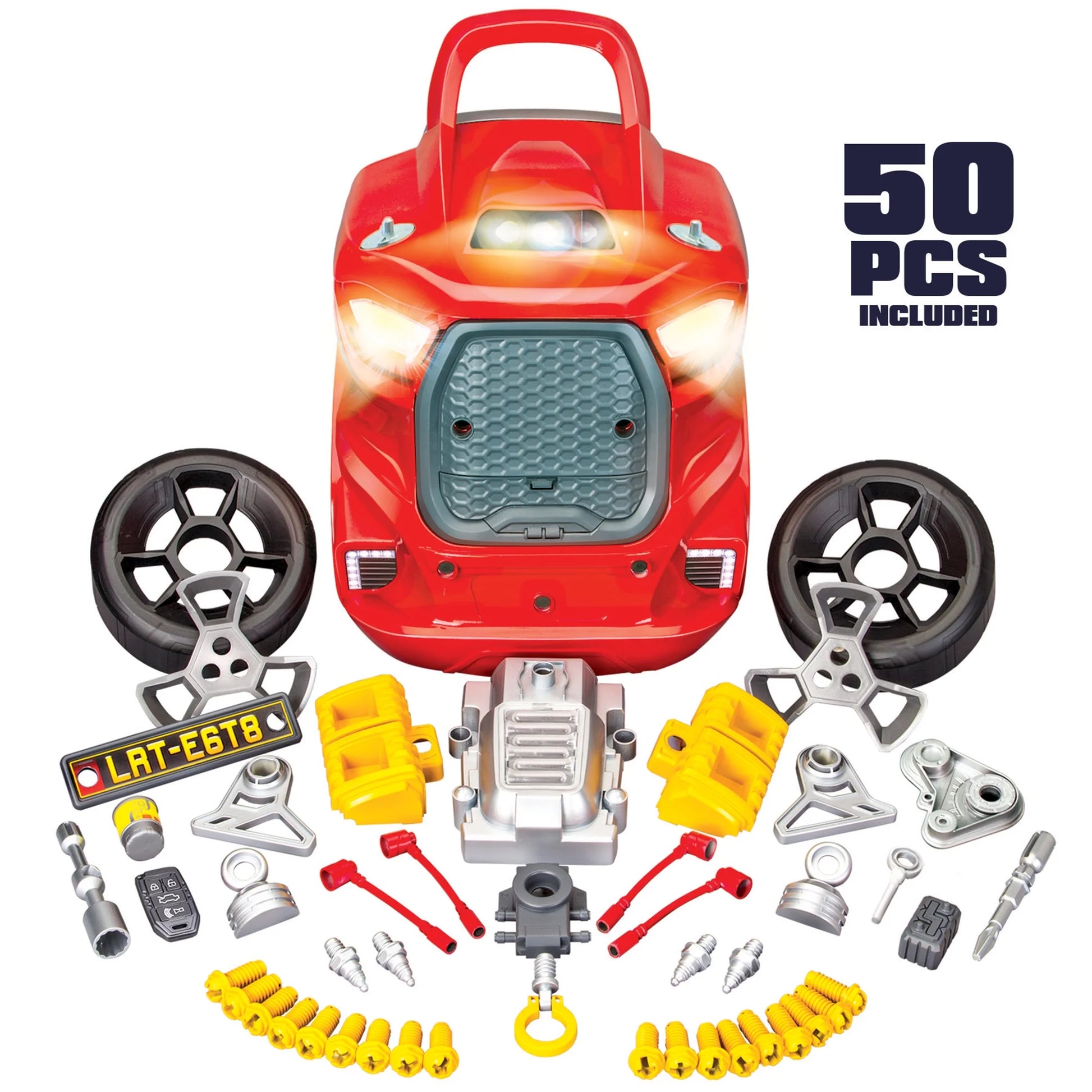 Lanard Tuff Tools Engine Overhaul playset showing removable wheels and hood