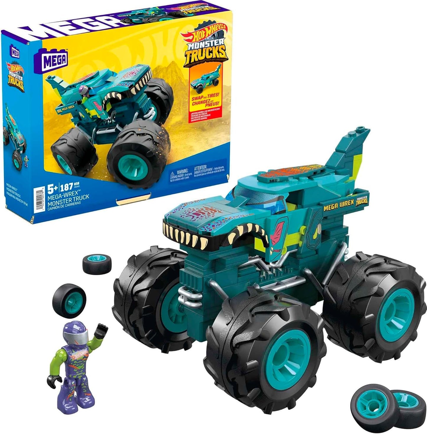 MEGA Hot Wheels Mega-Wrex dinosaur monster truck building set with brick-built design
