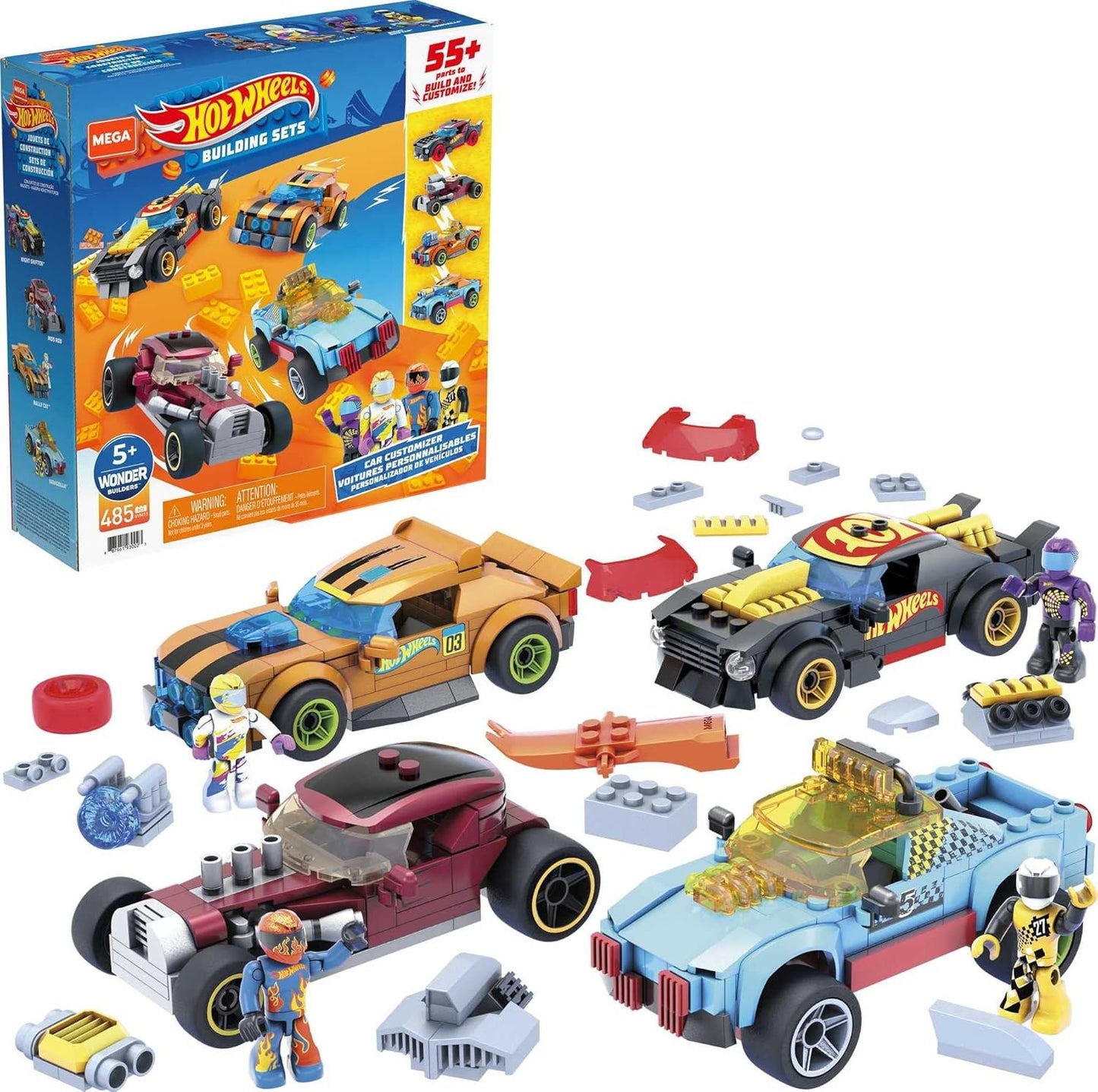 MEGA Hot Wheels Ultimate Car Customizer building set with 485 pieces and four customisable race cars