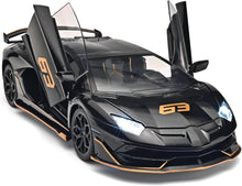 Lamborghini Aventador SVJ 1:18 die-cast model car in gloss black — front three-quarter view with carbon-fibre detailing