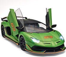 Lamborghini Aventador SVJ 1:18 die-cast model car in racing green — front three-quarter view showing roof scoop and aero details
