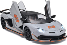 Lamborghini Aventador SVJ 1:18 die-cast model car in matte grey — front three-quarter view showing aerodynamic body and Y-spoke wheels