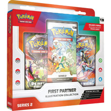 Pokemon TCG First Partner Illustration Collection Series 2 box with promo cards, booster packs and sticker sheet
