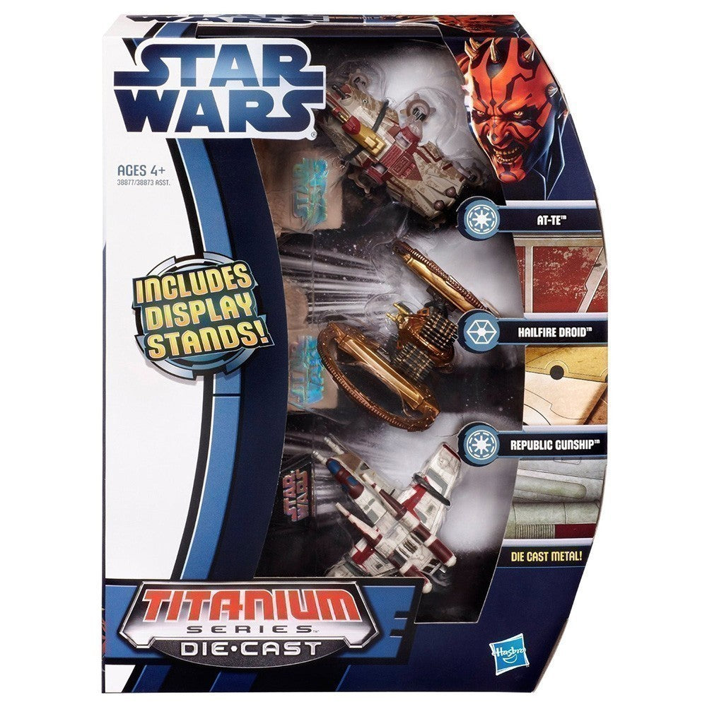 Star Wars Die Cast Titanium Vehicles - AT-TE, Hailfire Driod, Republic Gunship